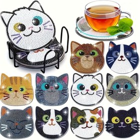 Resim 10 adet Elmas Boyama Altı Seti - Kedi Temalı Elmas Sanat Altı Boyama Kiti, Sanat ve El Sanatları DIY Kiti Başlangıçlar için 
