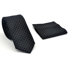 Resim Gaffy Beyaz Karışık Desenli Siyah Dokuma Kumaş Mendilli Slim Fit Kravat // Sdk-2502-1 Siyah 