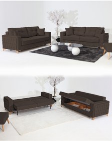 Resim Velura Home & Living Nola Koltuk Takımı 3+3+3 & Bazalı Yataklı Koltuk & Kanepe - Koyu Kahve 