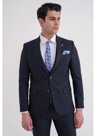Resim Efor Slim Fit Mono Yaka Çift Yırtmaç Armürlü Esnek Yünlü Lacivert Yelekli Klasik Takım Elbise Tk 933 Lacivert 
