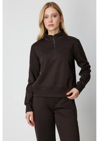 Resim On Kadın Yakası Fermuarlı Taşlı Eşofman Üstü 66364 Kahverengi Kahverengi 