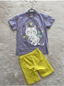 Resim Taçlı Kelebekli Kedi Taytlı Kısakollun Takım Lila 