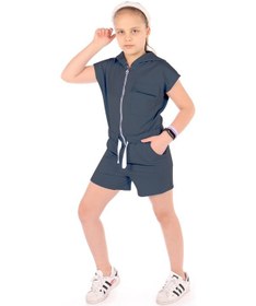 Resim Toontoy Kids Toontoy Kız Çocuk Kapüşonlu Fermuarlı Cepli Kısa Kol Kısa Tulum - Bağcık Detaylı Füme 