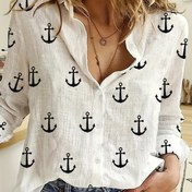 Resim Kadınların Denizci Çivi Baskılı Uzun Kollu Düğmeli Gömlek - Denizci Yaka ile Tüm Mevsimler İçin Rahat Beyaz Polyester Bluz, Rahat Kıyafet|Denizci Yaka Gömlek|Poliester Kumaş 