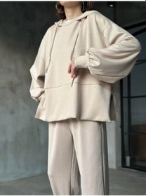 Resim Mamayaga Kadın Oversize Fermuarlı Kapüşonlu Sweatshirt Pileli Paça Tesettüre Uygun Spor Şık Eşofman Takımı Bej 