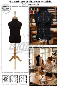 Resim Manken İstanbul Çocuk Siyah Kumaşlı Doğal Ahşap Ayaklı 10 Yaş Terzi Mankeni Prova Mankeni Vitrin Mankeni 