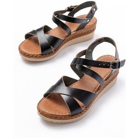 Resim 731-045 Siyah Çapraz Hakiki Deri Dolgu Topuklu Günlük Kadın Sandalet Altın - Taba 