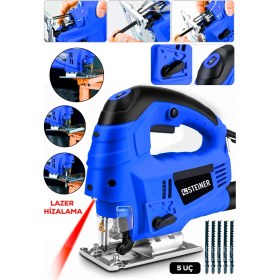 Resim Steiner Alman 4600 W Lazerli Sjs Metal Şanzuman 6 Kademe Devirli Pandül Ayarlı Dekupaj Testere Makinesi 5 Uç Mavi 