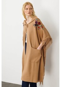 Resim Desen Triko Kadın Omuzu Aplikeli Yanı Püsküllü Panço Camel Camel 