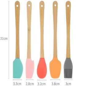 Resim Thentech 5'li Silikon Servis Spatulası Yumurta Sürme Fırçası Silikon Kaşık Tahta Saplı Hijyenik Set Kahverengi 