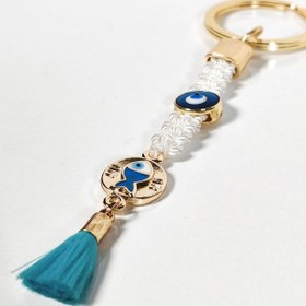 Resim Beyaz Örgü İpli Nazar Boncuğu Ve Balık Figürlü Püsküllü Anahtarlık Zarif, Anlamlı Ve Şık Tasarım Çok Renkli 