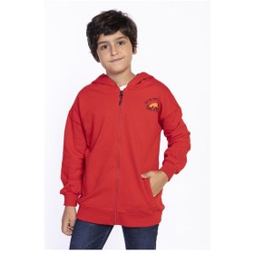 Resim Toontoy Kids Toontoy Erkek Çocuk Kapüşonlu Fermuarlı Cepli Düşük Omuz Nakış Baskılı Örme Hırka - 3 İplik Şardonsuz Kırmızı 