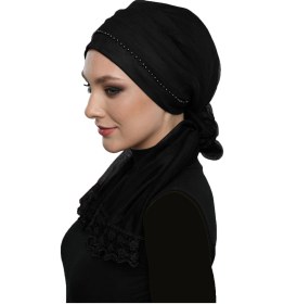 Resim Elysianfidan Incili Tüllü Bağlamalı Tül Kaplamalı Dantelli Inci Işlemeli Siyah Dış Bone Tesettür Abiye Siyah 