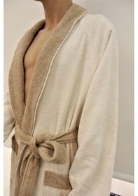 Resim Krem Bej Kontrast Şalyaka Bornoz Unisex S/m Pamuklu Bukle Bornoz Krem - Bej 