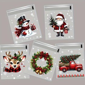 Resim 50/100 Adet Kar Tanesi, Noel Baba ve Çoban Püskülü Baskılı Kendinden Yapışkanlı Hediye Paketleme Torbaları - 10*10+3cm Boyutunda Noel Süslemeleri ve Hediyeler İçin Uygun 
