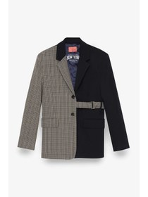 Resim Ekose Garnili Kuşak Detaylı Oversize Blazer Ceket Lacivert - L 
