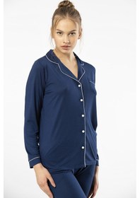 Resim Türen 3365 Kadın Uzun Kollu Gömlek Yaka Pijama Takım-lacivert Lacivert 