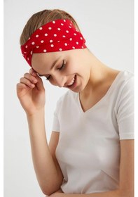 Resim Kadın Çapraz Bağlamalı Pamuklu Penye, Kaymaz, Yumuşak, Esnek, Saç Bandı Bandana - Tek Ebat / Kırmızı Üzerine Beyaz Puantiyeli Kırmızı Üzerine Beyaz Puantiyeli 