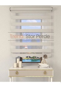 Resim Geniş Plise Beyaz Etek Dilimli Zebra Stor Güneşlik Perde Kırık Ekru 