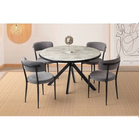 Resim Ahşap Yuvarlak Açılır Büyüyen Yemek Masa Gri Sandalye Takımı 4 Sandalyeli Mermer Desen 