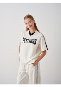 Resim Zekids Kız Çocuk Feelings Baskılı Tshirt Pantolon Tasarım Takım-15516 Ekru 