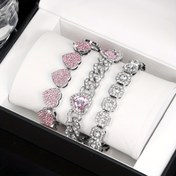 Resim 3 adet Hip Hop Modası Kalp Şekilli Pembe Rhinestone Kadın Bileklik Seti, Hafif Lüks Tutum, Çift Aynı Tarz Takı, Sokak Rap Şarkıcısı Trendy Aksesuar 