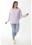 Resim Kadın Büyük Beden Lila Yarasa Kol Kendinden Çizgili Yün Viskon Bluz 65n37007-lila Lila 