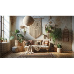 Resim Venspor Bohem Tarzı Makrome Duvar Dekoru ve Bitkilerle Süslenmiş Salon Arkaplan 200 x 150 cm Fon Duvar Örtüsü 