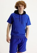 Resim Saks Mavi Kapüşonlu Yarım Kol Baskılı Pamuklu Sweatshirt Kigili