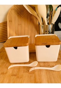 Resim Qerhome 2'li Bambu Standlı Bambu Kapaklı Porselen Kaşıklı Tuzluk Biberlik 260 Ml Gnl Ahşap 