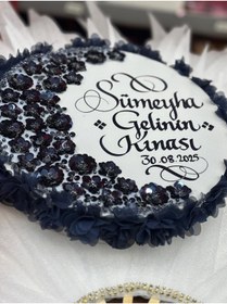 Resim GÜRLEK TEKSTİL Laçivert Gelin Tefi 30 cm Kaligrafi Sanatlı, Kına Gecesi Düğün Bekarlığa Veda Defi 