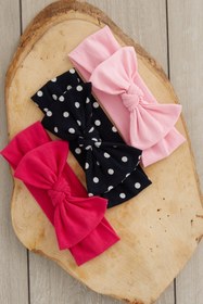 Resim Babygiz El Yapımı Yumuşak Fiyonk Bağlamalı Doğal %100 Pamuklu Penye 3'lü Bebek Çocuk Kız Bandana Seti 