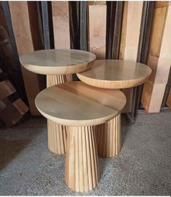 Resim Ahşap Sehpa 3 Lü Set Naturel Renk Masif Fiskos Sehpa Takımı Bej 