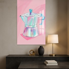 Resim Moka Pot Desenli Cam Tablo - Beyaz / 12x18 cm 