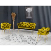 Resim Rozexi Balon Çay Seti Takımı Koltuk Takımı Oturma Odası Kafe Antre Hol Ofis 2+1+1 Gold Metal 