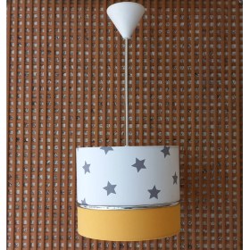 Resim Onay Avize Beyaz Yıldızlı Sarı 2.li Set M-0392 Kumaş Kaplama Genç ve Çocuk Odası Avize ve Abajur Takımı 