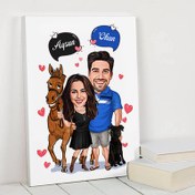 Resim Atı ve Köpeği Olan Çiftler Karikatürlü Kanvas Tablo 