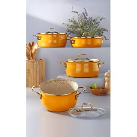 Resim Bonera Vintage Emaye Güveç 6 Parça Tencere Seti Hardal Sarısı 