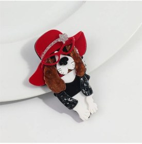 Resim Fishsheep Sevimli Köpek Broşu - Bulldog Şapkalı Gözlüklü Kadın Aksesuarı Rodyum Kaplama 