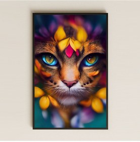 Resim Renkli Çiçekli Kedi Portresi Dijital Sanat Pleksi Tablo 