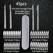 Resim Değerli 45 parça set, iki kalınlaştırılmış No. 4 ve iki kalınlaştırılmış No. 3 paslanmaz çelik saplar ile bir demir kutu saklama için, 40 karbon çelik bıçaklı, bitki budama ve endüstriyel plastik budama için uygun, uzun ömürlü ve dayanıklı 