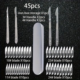Resim Değerli 45 parça set, iki kalınlaştırılmış No. 4 ve iki kalınlaştırılmış No. 3 paslanmaz çelik saplar ile bir demir kutu saklama için, 40 karbon çelik bıçaklı, bitki budama ve endüstriyel plastik budama için uygun, uzun ömürlü ve dayanıklı 
