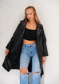Resim İLKCET MODA Kuşaklı Düğmesiz Suni Deri Uzun Trençkot 