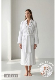 Resim %100 Pamuk Beyaz Bornoz, Kalp Nakışlı - Şalyaka Otel Bornozu, Spa Için Ideal, Günlük Kullanıma Uygun Beyaz 