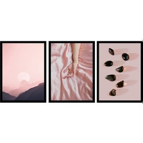 Resim Manzara Kadın Ve Taşlar Üçlü Çerçeveli Cam Tablo Seti-172086 