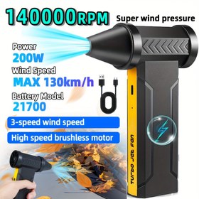 Resim 140000 RPM Taşınabilir Turbo Jet Fan - 3 Hızlı Kablosuz Toz Üfleyici | USB-C Şarj Edilebilir | Soğutucu El Tipi Turbinli Toprak, Kar Temizleme, Çadır Kurma, Klavye Bakımı İçin Nihai Erkek Aksesuarı 