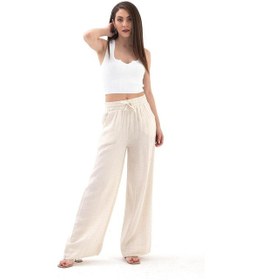 Resim Beli Lastikli Cepli Müslin Keten Pantolon - Taş-taş Taş 