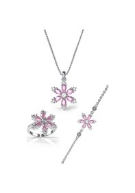 Resim 925 Ayar Pembe Taşlı Rodyum Lotus Çiçeği 3'lü Gümüş Set Gümüş 
