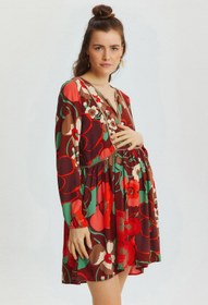 Resim Dantel Detaylı Bohem Hamile Elbise Kırmızı - M/L 