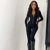 Resim Kadınlar İçin Fermuarlı Bodycon Tulum - Seksi Düz Renkli Yaka Uzun Pantolon Yan Fermuarlı, Esnek Polyester Karışımı Her Mevsim Giyilebilir, Tatil Stili, Tatil Kıyafeti | Fermuarlı Tulum | Pürüzsüz Dokulu 
